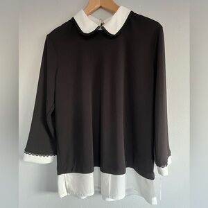 KARL LAGERFELD Paris Black Cream Peter Pan Collar Top M 3/4 Sleeve Blouse Office